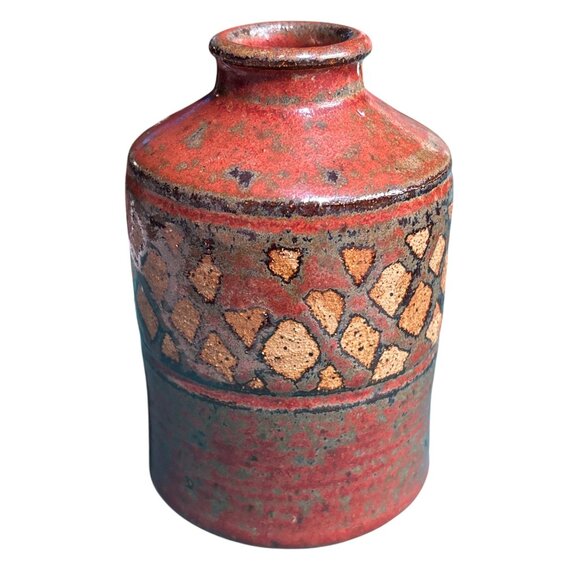 VTG Red Stoneware Vase With Textured Geometric Design Plaid Orange Handmade - Picture 4 of 8